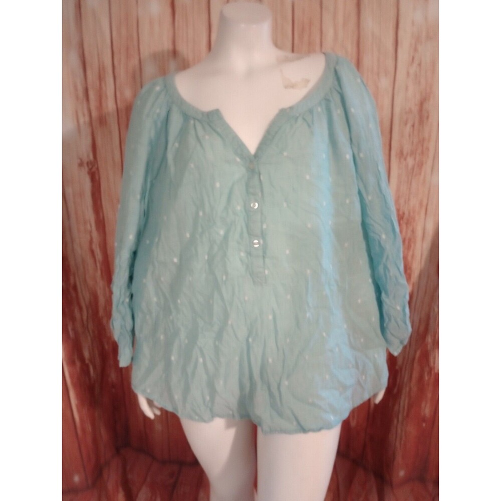 Westbound Blue Dot 3/4 Roll Tab Sleeve Vneck Blouse Sz 3X